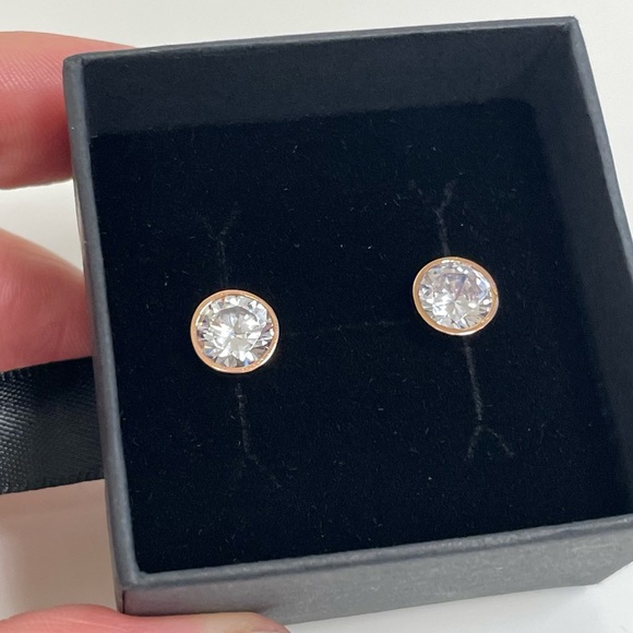 Diamond Stud Earrings, Sterling Silver with 14k Rose Gold, Bezel Stud Earrings - Picture 5 of 11